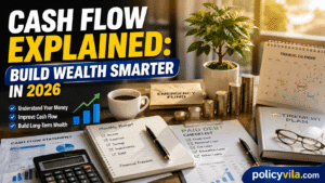 Growing money tree with savings, investment reports, debt-free checklist, and financial planning documents.