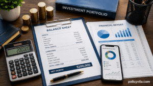 Financial reports, calculator, balance sheet, investment documents, and budgeting tools used to calculate personal net worth accurately.