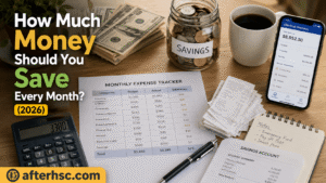 Financial goal roadmap with house, retirement, education, travel, and emergency fund icons connected through a monthly savings plan.