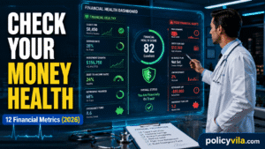 Luxury executive office displaying a digital personal finance dashboard with wealth tracking, cash flow, investment growth, and savings analytics.