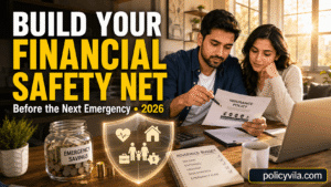 Young family reviewing unpaid bills and emergency savings while creating a financial protection plan.