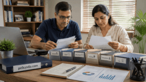 Couple organizing banking debt insurance housing and retirement financial documents