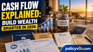 Financial freedom concept with mortgage-free documents, travel savings, investment reports, and sunrise.