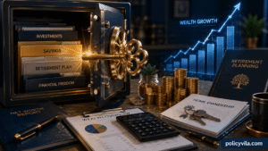 Golden key unlocking financial freedom with investment files, retirement planning documents, savings records, and wealth growth concept.