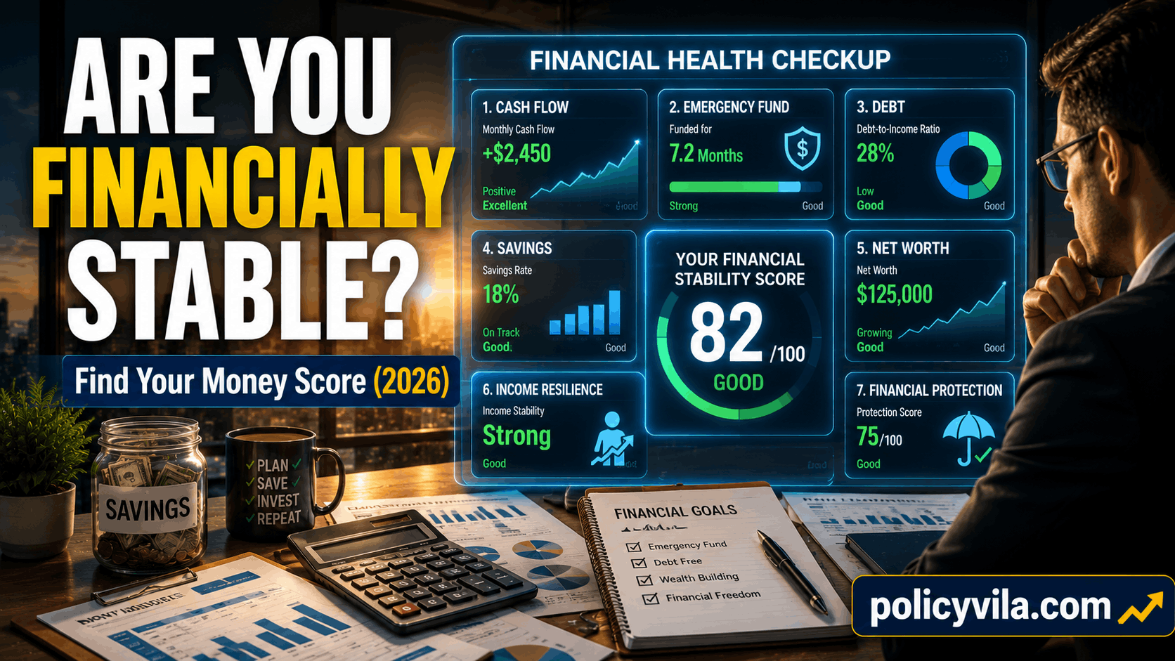Financial health checkup dashboard showing a personal stability score