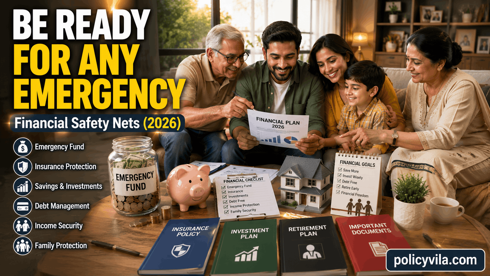 Family organizing household budget, savings plan, and financial checklist for emergency preparedness.