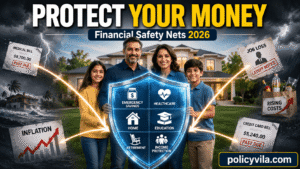 Family protected by financial safety shield with savings, insurance, healthcare, and home protection icons.