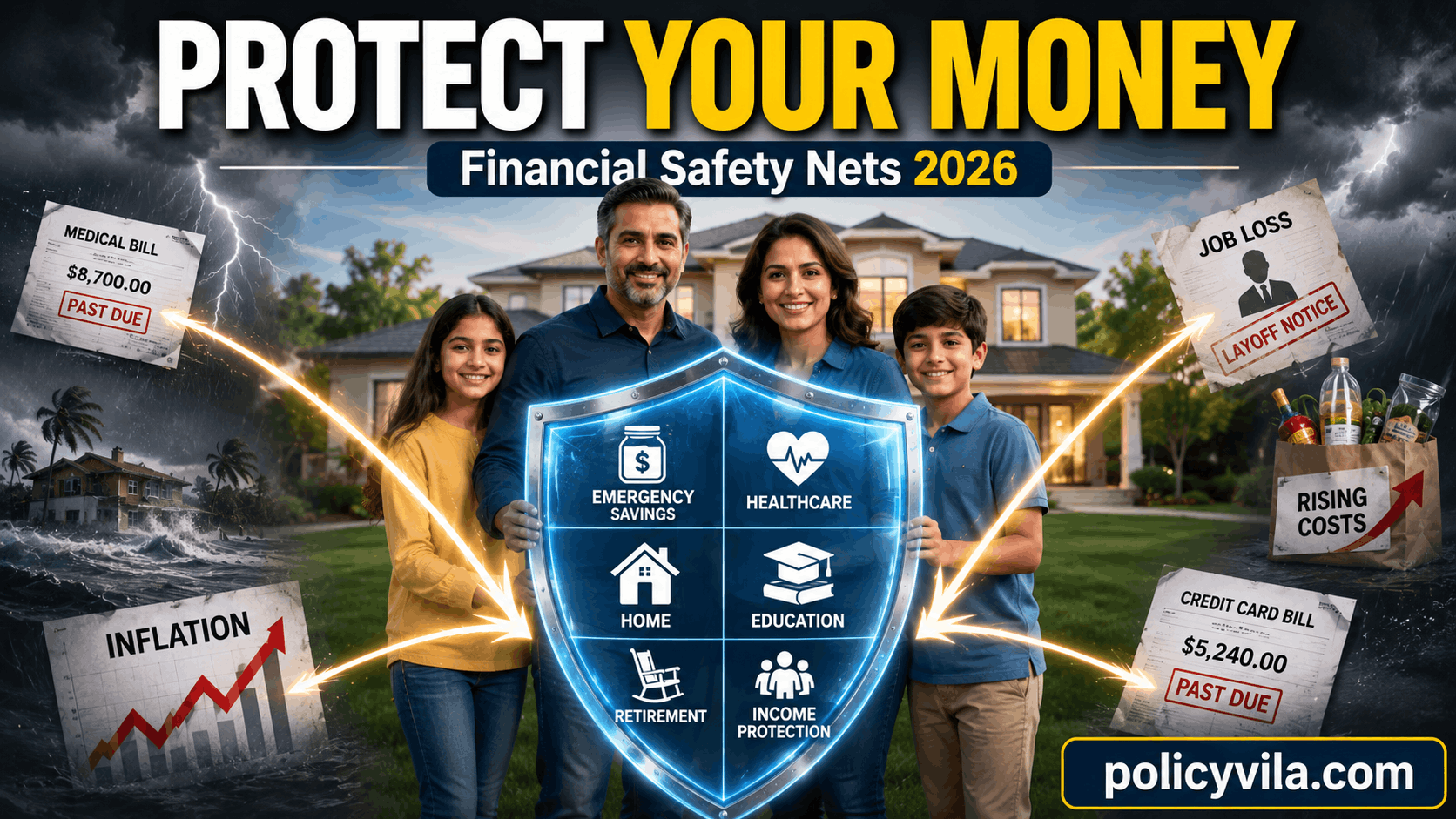 Family protected by financial safety shield with savings, insurance, healthcare, and home protection icons.