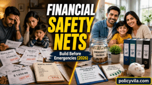 Family building financial safety nets with emergency savings, insurance documents, and financial planning before unexpected emergencies in 2026.