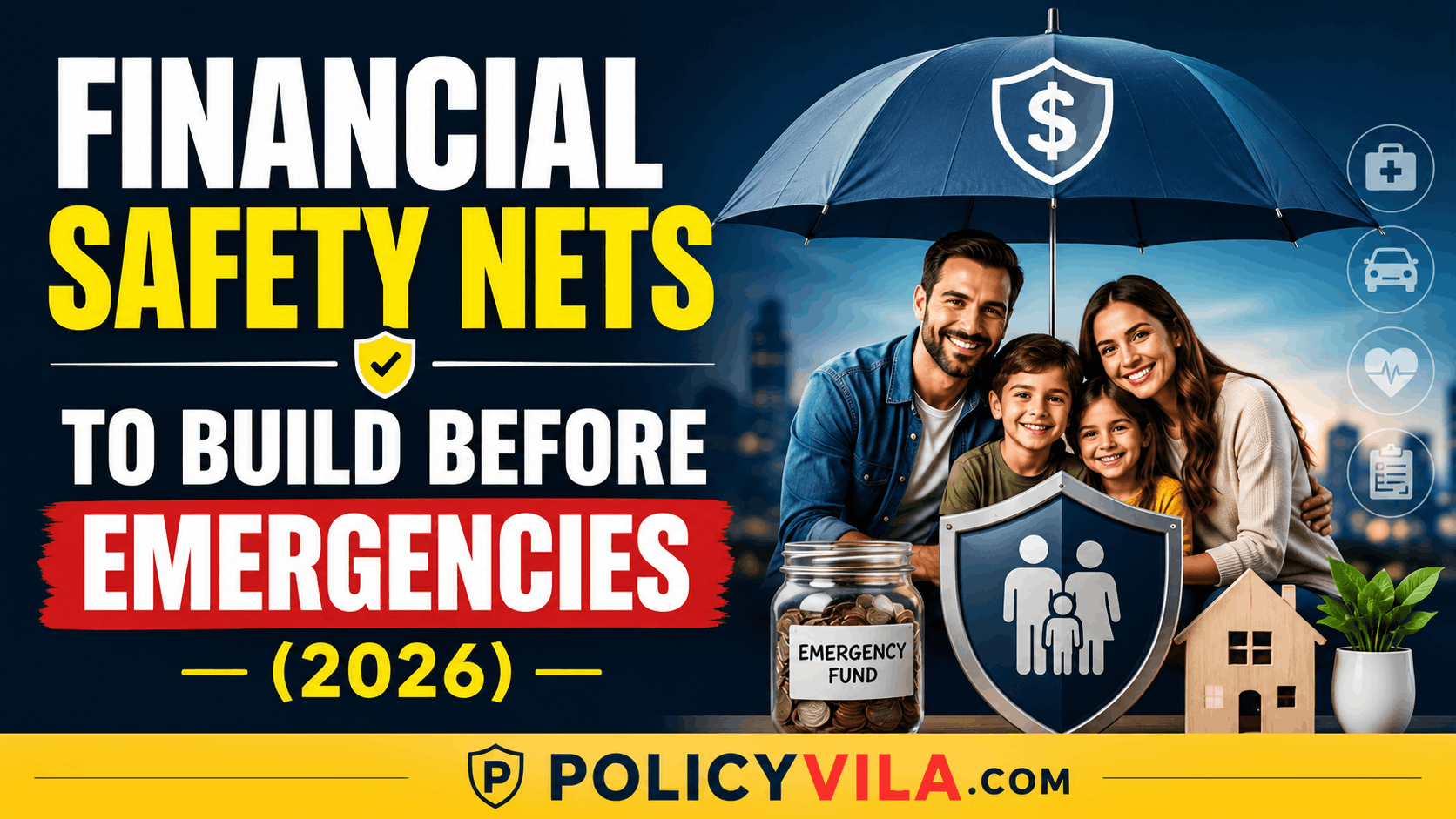 Financial Safety Nets to Build Before Emergencies in 2026 featuring a family preparing emergency savings and financial protection.