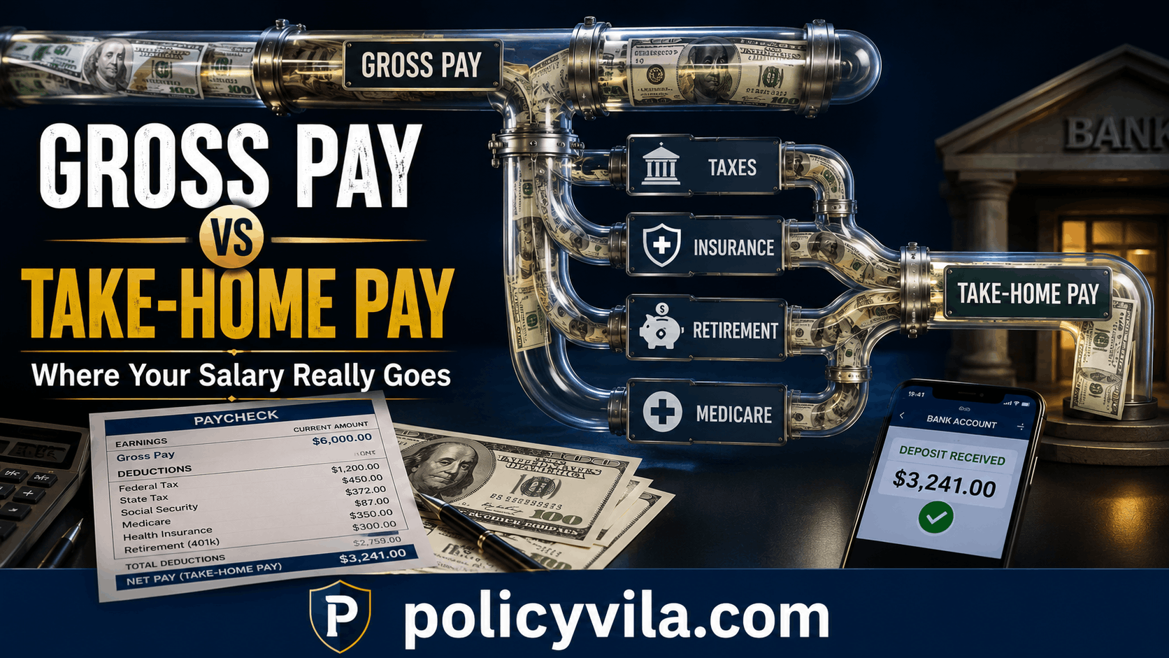 Luxury executive finance desk with payroll documents, employment contract, calculator, and paycheck comparing gross pay with take-home pay.