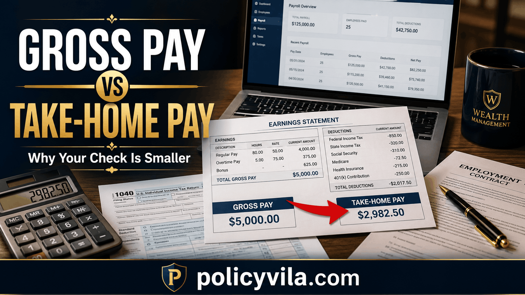 Young professional reviewing a first paycheck with monthly bills, calculator, and budget notebook while learning gross pay vs take-home pay.
