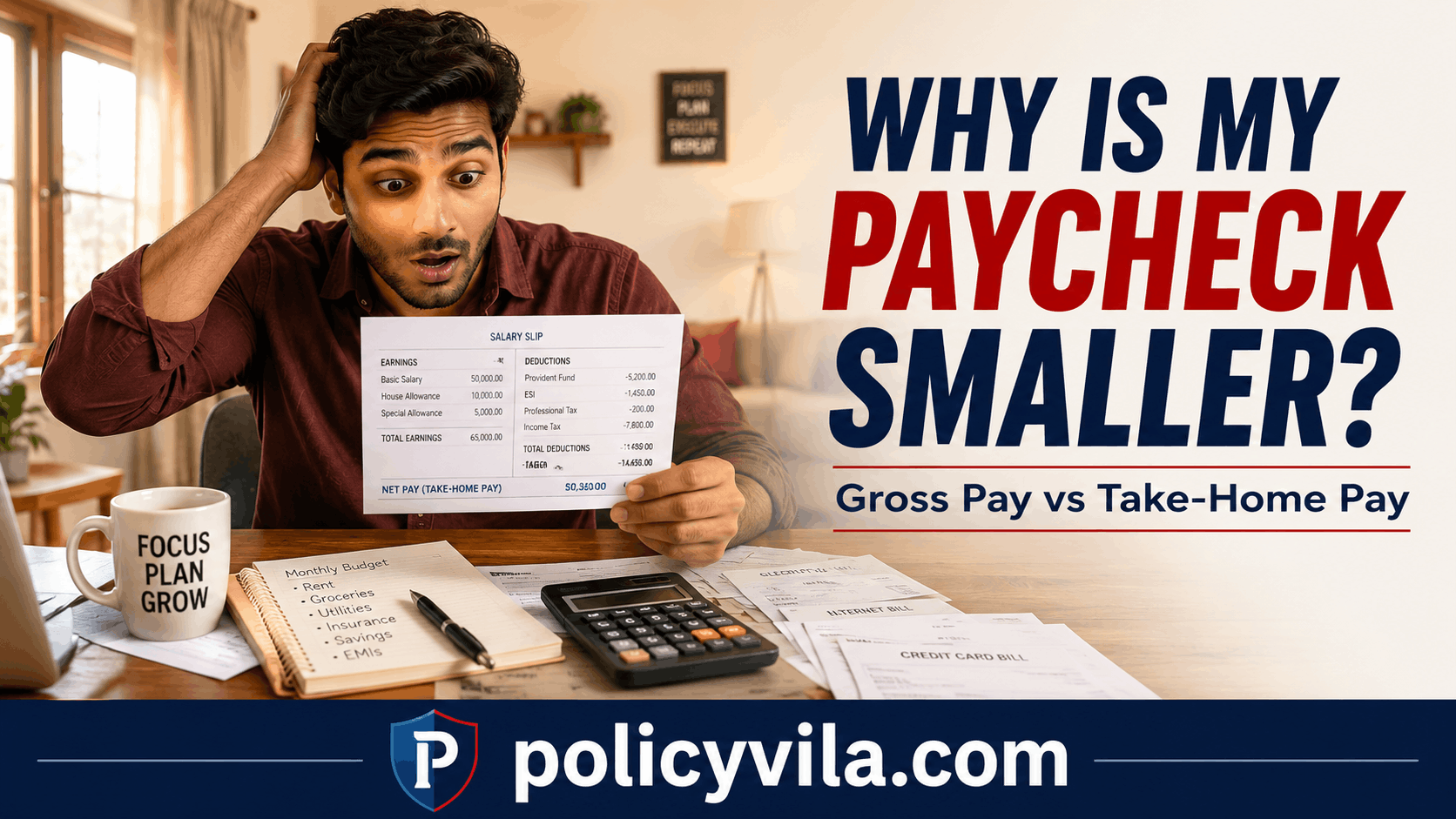 Split-screen comparison showing gross pay, take-home pay, payroll deductions, taxes, insurance, retirement, and bank deposit.