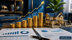 Growing stacks of gold coins with investment reports and upward financial graph representing long-term wealth growth and increasing net worth.