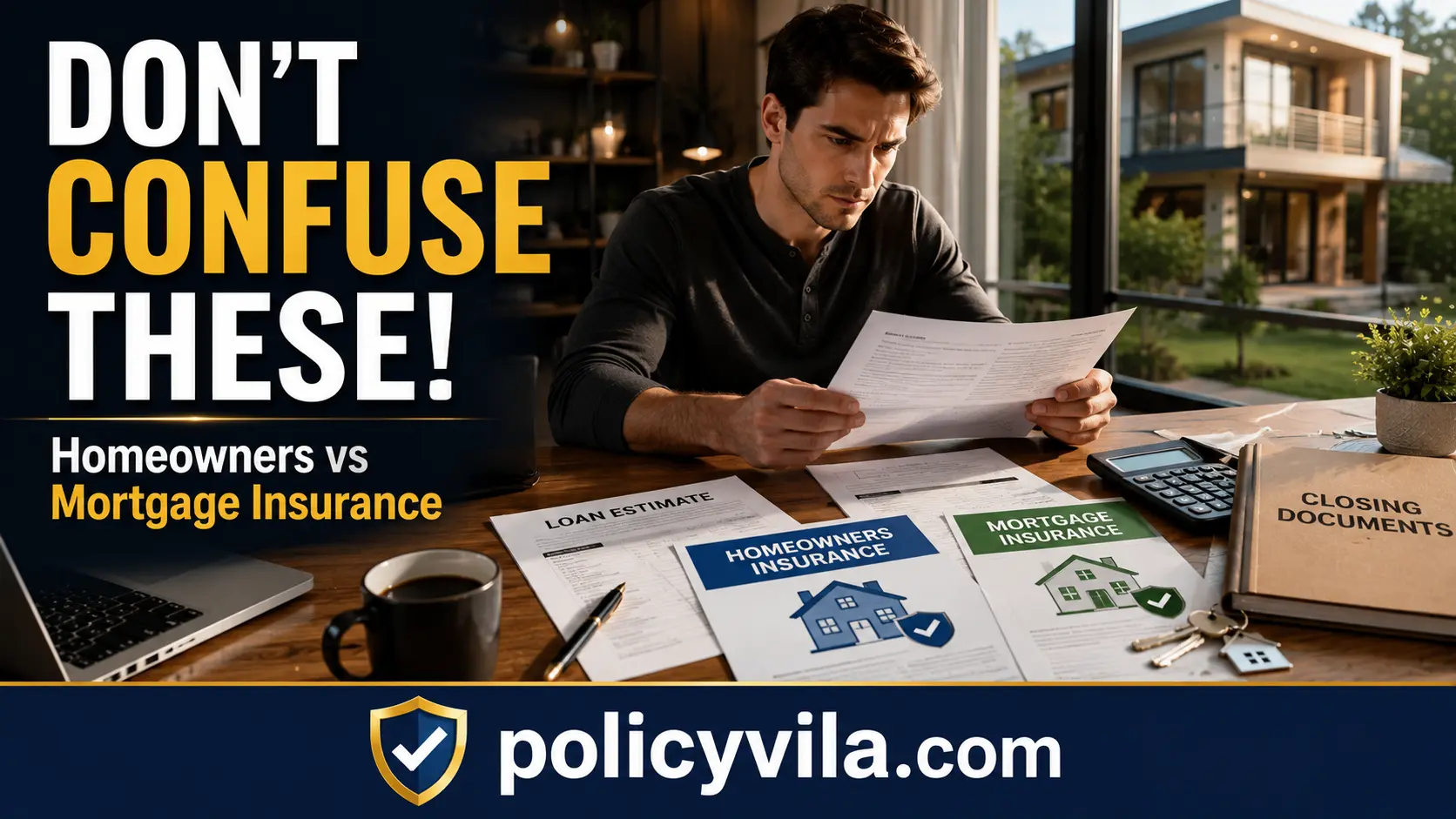 First-time homebuyer reviewing closing documents that include homeowners insurance and mortgage insurance.