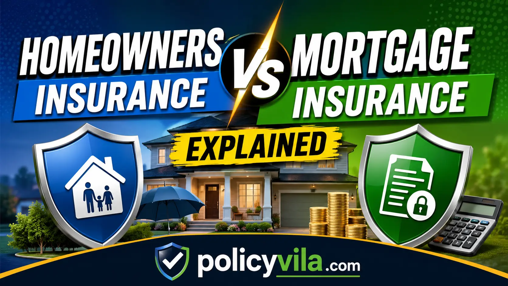 Family home protected by homeowners insurance compared with mortgage insurance documents and lender protection.