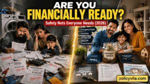 Couple creating an emergency fund with budget planner, savings jar, and household financial documents.