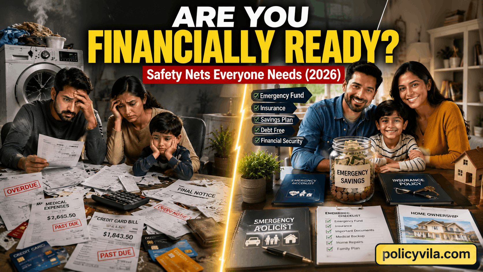 Couple creating an emergency fund with budget planner, savings jar, and household financial documents.