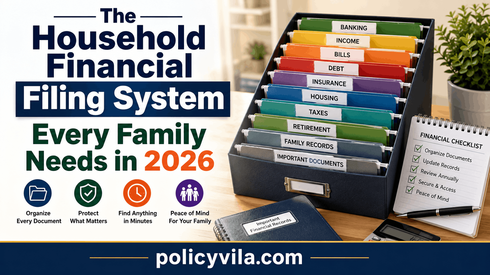 Household financial filing system with organized family financial documents in 2026