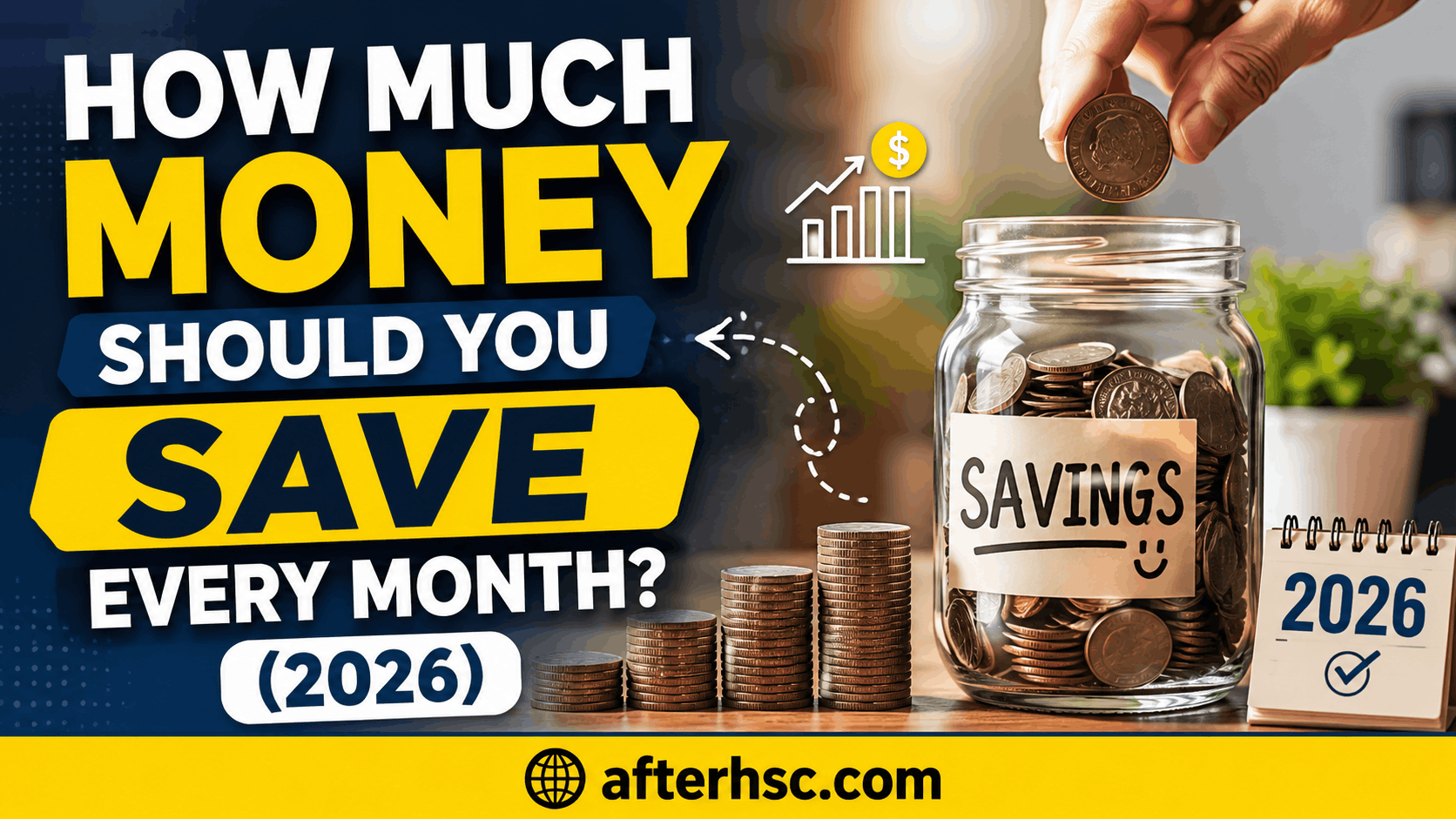 Monthly savings planning guide showing a budget tracker, calculator, savings statement, cash, and financial planning tools to help build a personalized savings plan in 2026.