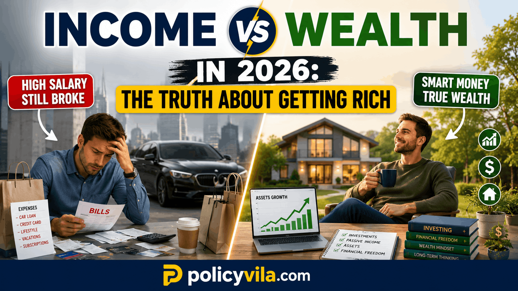 Income vs wealth comparison showing luxury spending versus long-term wealth-building assets in 2026.
