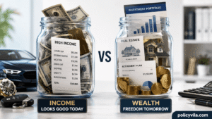 Income vs wealth comparison with savings, investments, and spending examples.