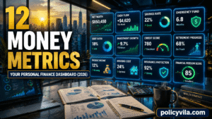Entrepreneur interacting with a holographic personal finance dashboard showing cash flow, net worth, savings rate, debt ratio, and investment growth.