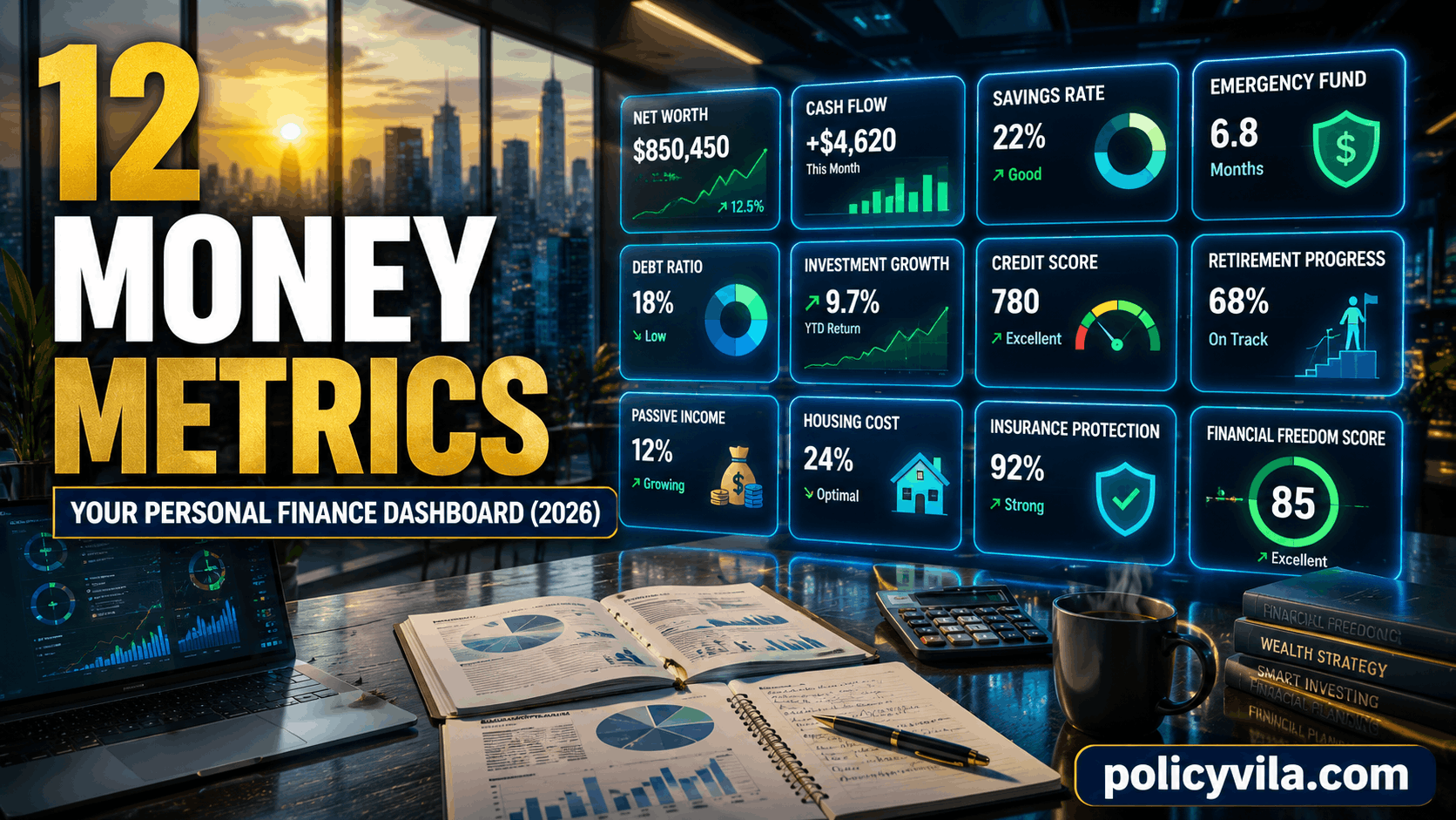 Entrepreneur interacting with a holographic personal finance dashboard showing cash flow, net worth, savings rate, debt ratio, and investment growth.