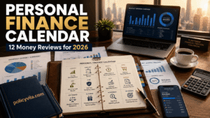 Married couple reviewing a Personal Finance Calendar and monthly spending