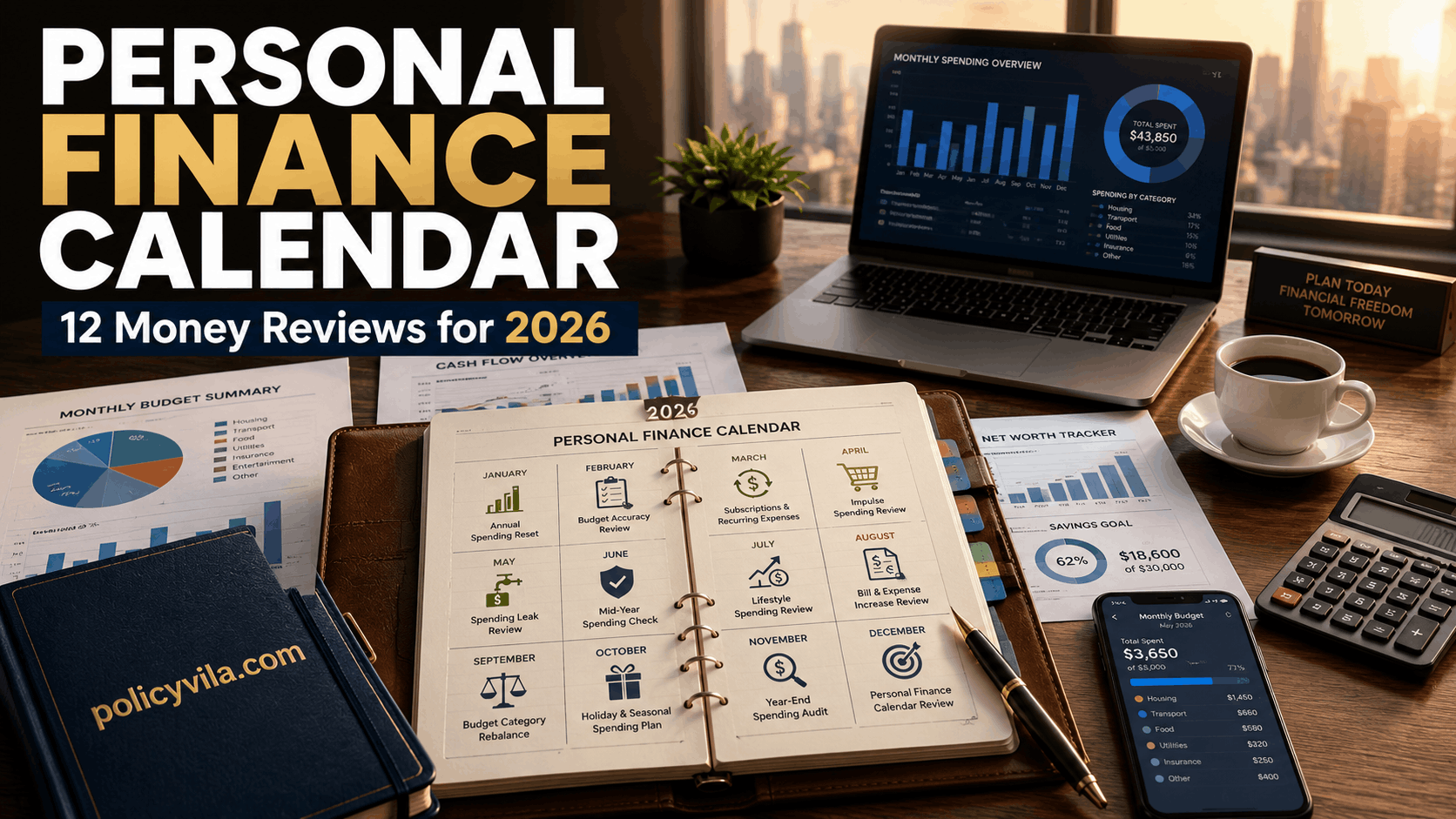 Married couple reviewing a Personal Finance Calendar and monthly spending