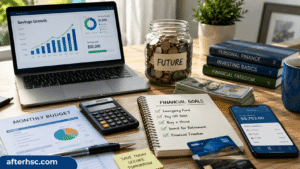 Financial growth concept with coin stacks, savings planner, investment notebook, and upward wealth chart on a modern desk.