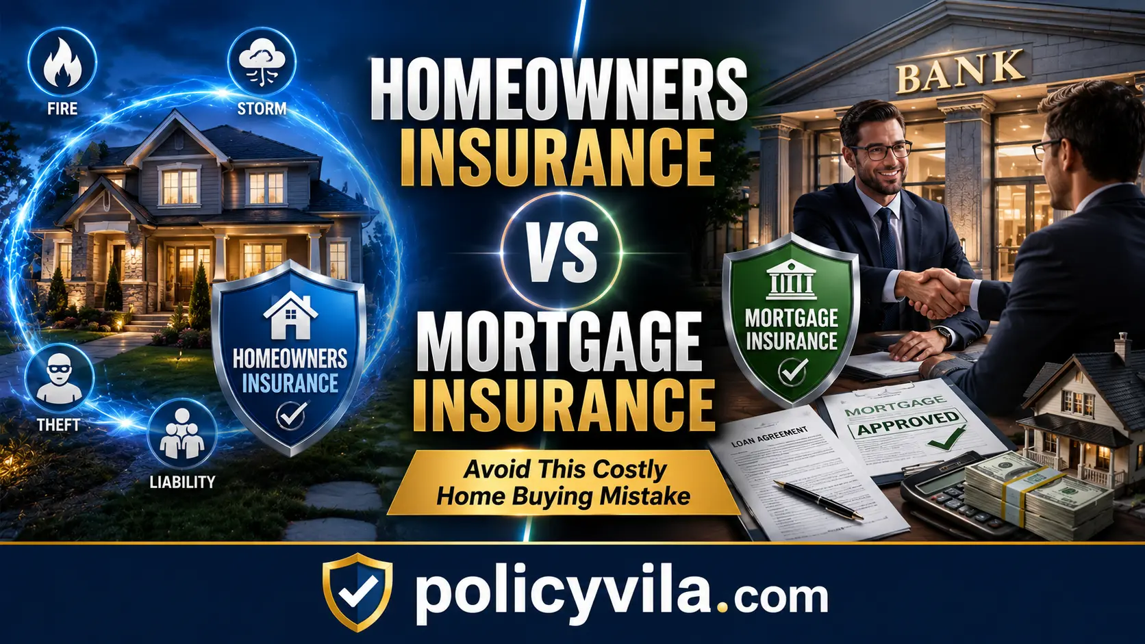 Modern home protected by homeowners insurance alongside lender mortgage insurance documents.