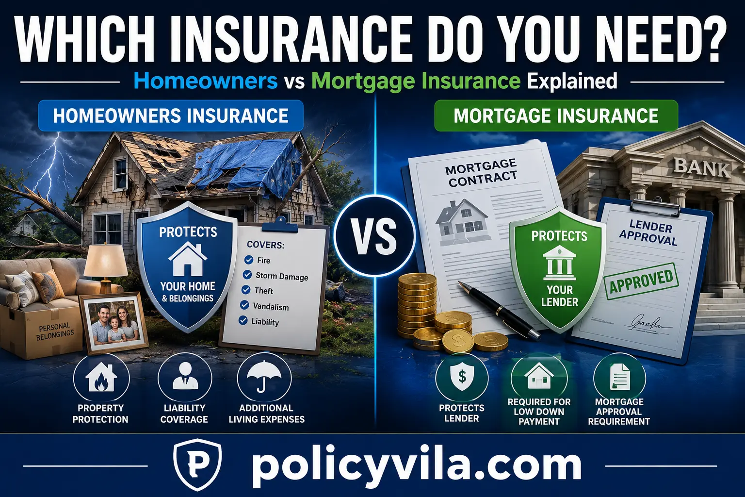 Mortgage documents, calculator, lender approval paperwork, and home loan protection illustration.