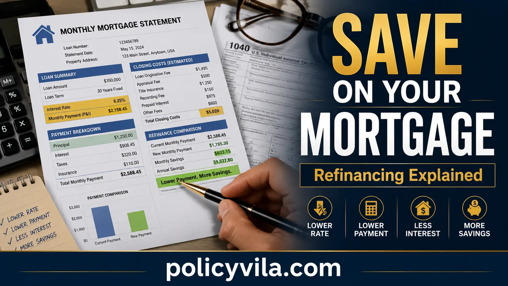 Mortgage refinance payment breakdown showing interest rate, monthly payment, closing costs, and refinance savings.