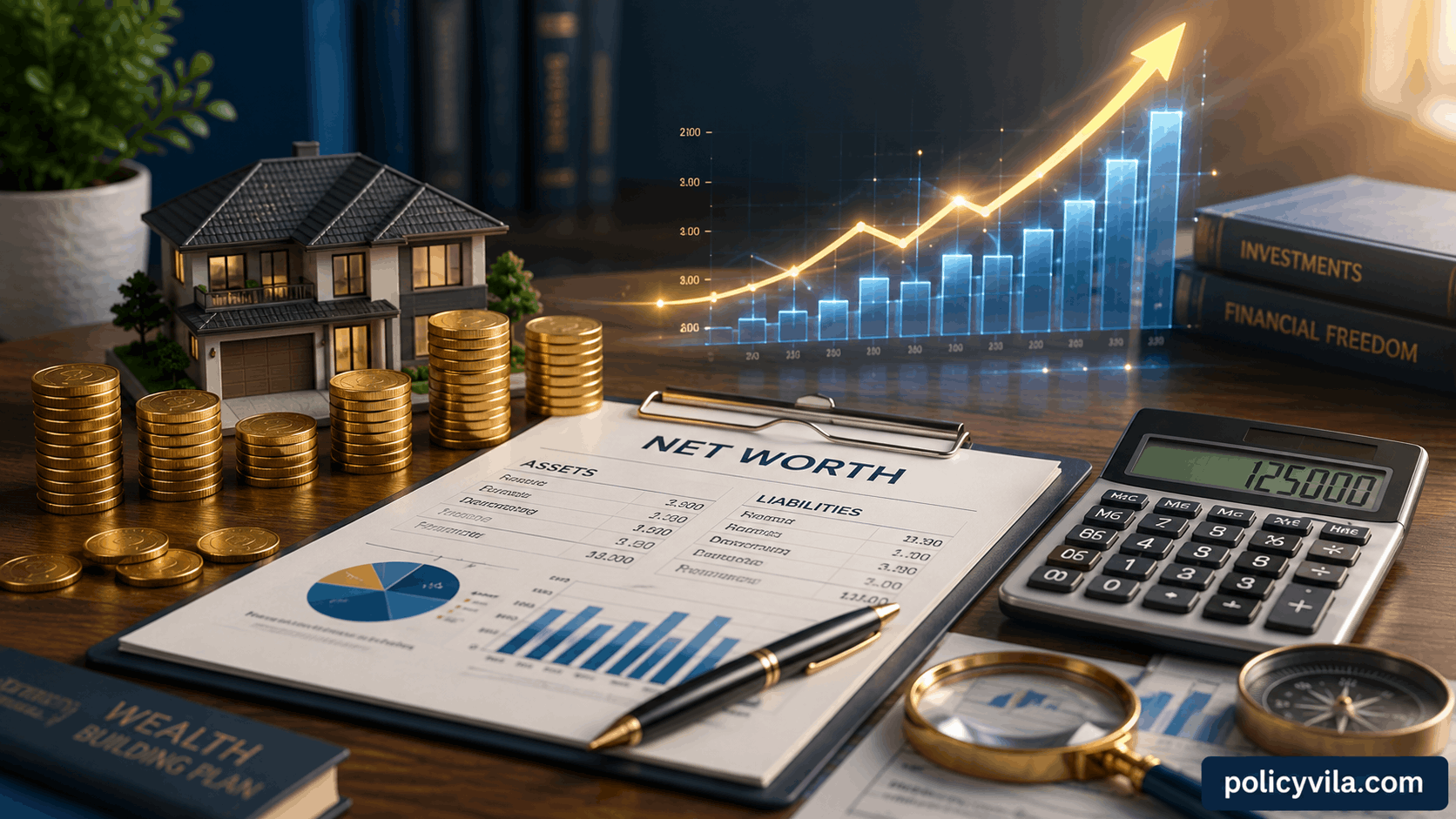 Net worth explained with financial documents, investment files, savings records, retirement planning, and wealth growth concept in a premium executive workspace.