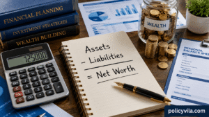 Financial calculator with net worth formula, assets, liabilities, notebook, and gold coins illustrating how to calculate personal net worth.