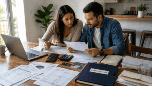 Couple reviewing bank accounts credit cards and financial documents during a money reset