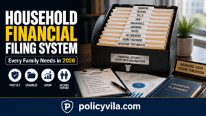 Family financial documents organized into labeled household filing folders
