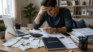 Young professional organizing scattered financial documents during a 48-hour money reset