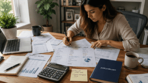 Woman creating a one-page money map with income savings debt and net worth documents