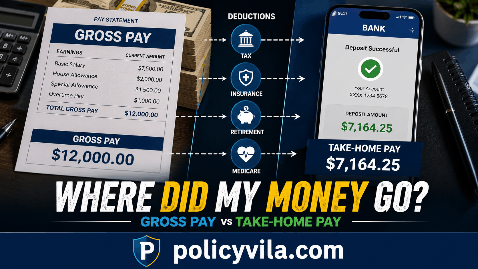 Close-up employee paycheck highlighting federal tax, insurance, retirement, Social Security, Medicare, and net pay with financial documents.
