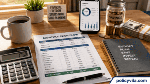 Monthly cash flow worksheet with calculator, savings jar, receipts, and personal finance planning desk.