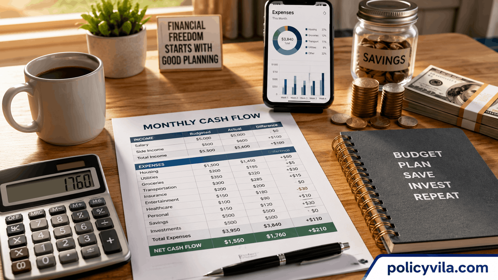 Monthly cash flow worksheet with calculator, savings jar, receipts, and personal finance planning desk.