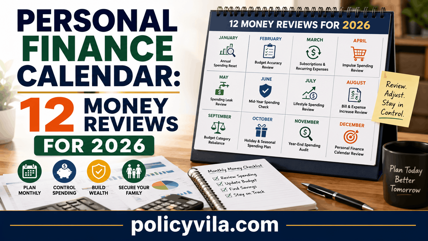 Personal Finance Calendar with 12 monthly money reviews for 2026