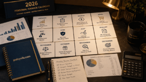 2026 Personal Finance Calendar on a premium financial planning desk
