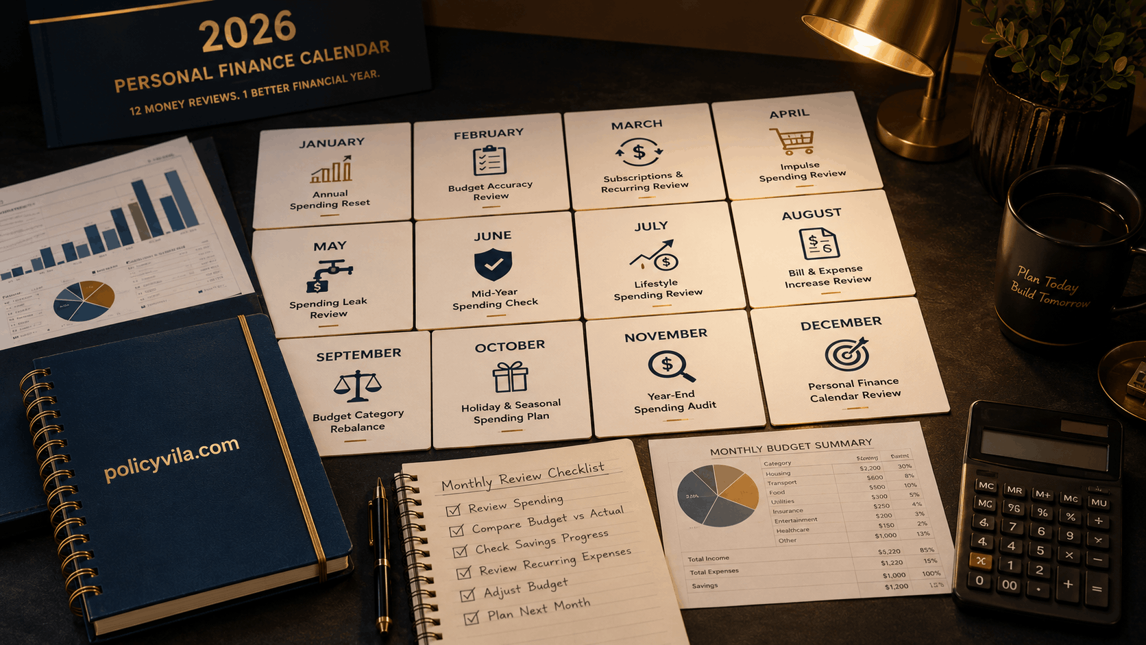 2026 Personal Finance Calendar on a premium financial planning desk