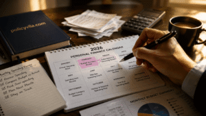 Woman reviewing a 2026 Personal Finance Calendar at a home office desk