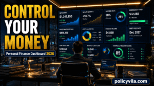 Financial scorecard displaying monthly money metrics including savings, investments, emergency fund, debt ratio, and financial health indicators.
