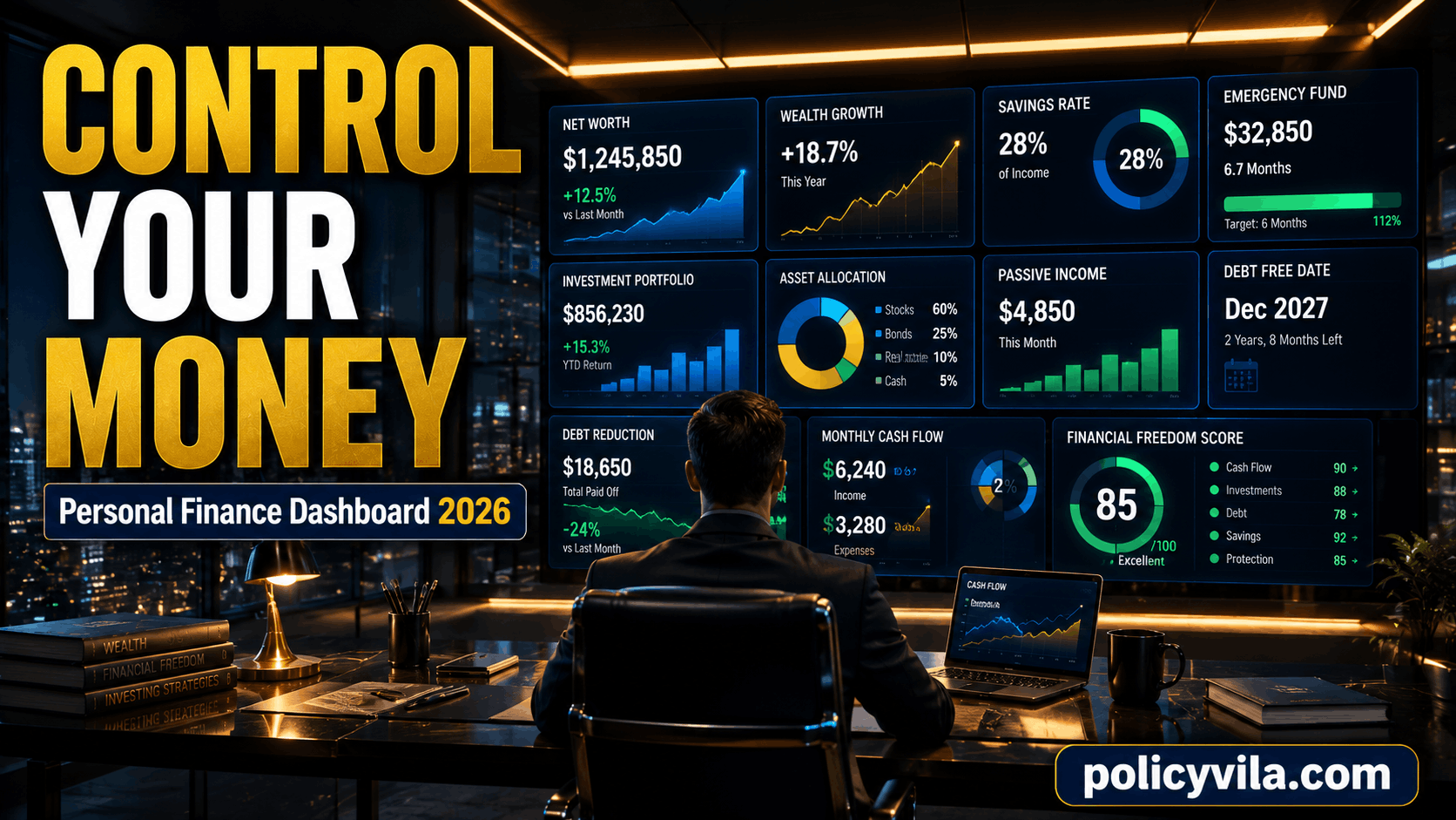 Financial scorecard displaying monthly money metrics including savings, investments, emergency fund, debt ratio, and financial health indicators.