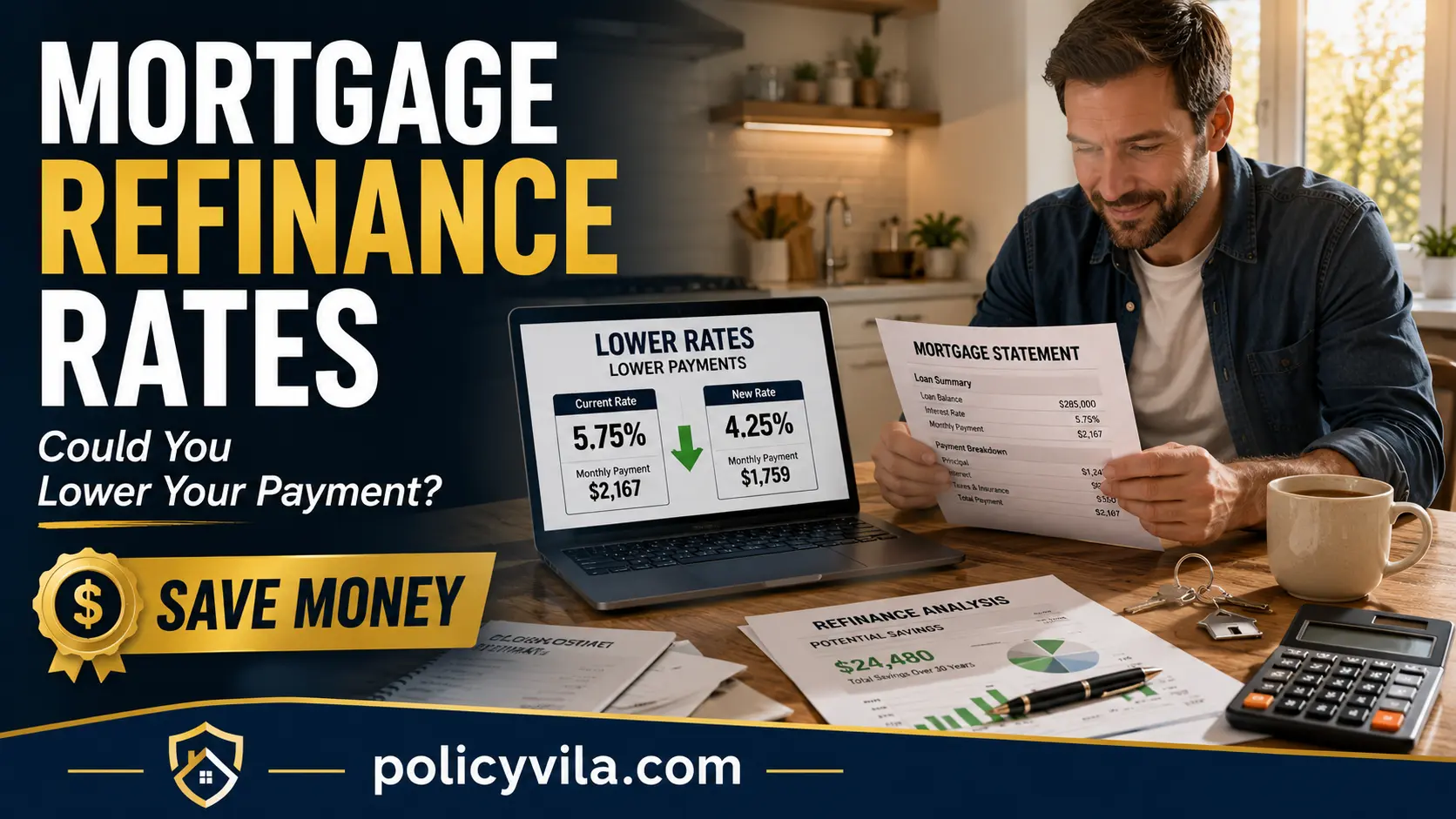 Monthly mortgage statement explaining refinance rates, interest costs, and lower monthly mortgage payment opportunities.